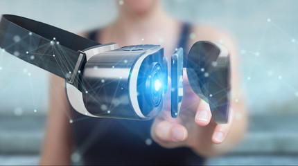 Businesswoman using virtual reality glasses technology 3D rendering