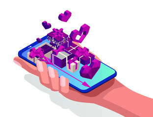 Valentines day isolated gift box. Hearts. 8 march. Pink gift box with flying hearts for holiday. Gift box isometric. Love is in the air. Vector love box. Womens day presents online. Isometric 3d