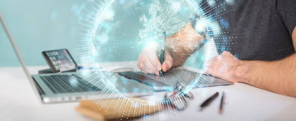 Graphic designer using globe network hologram with Europe map 3D rendering
