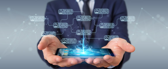 Businessman protecting his datas with thin line security interface