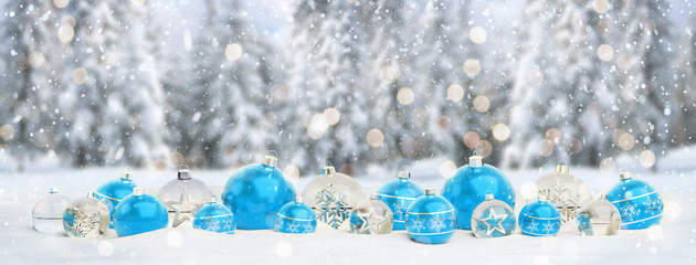 Blue and silver christmas baubles background 3D rendering