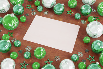 Fototapeta na wymiar Christmas card mockup with green baubles 3D rendering