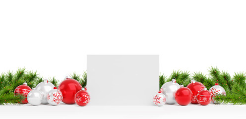 Blank Christmas card laying on red baubles isolated 3D rendering