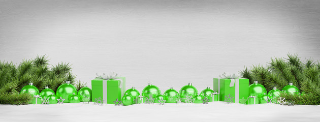 Green christmas baubles and gifts lined up 3D rendering