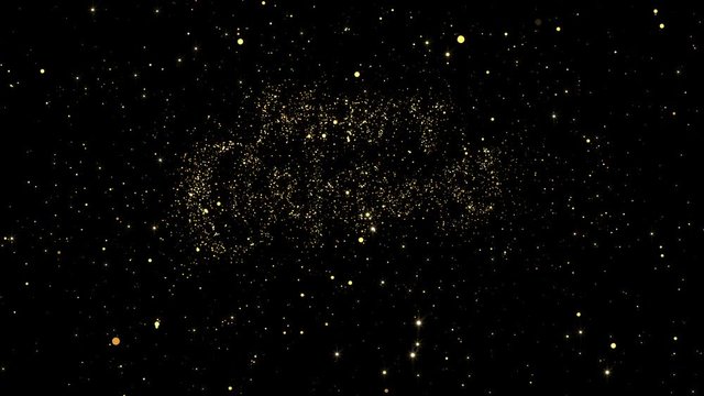 Merry Christmas words from shining gold particles formed on a holiday animated black background.