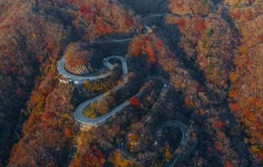 Beautiful curvy street on the Nikko mountain, Japan. Aerial view