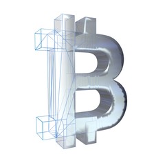 Bitcoin sign, blue grid goes to platinum or silver on a white background. 3D illustration