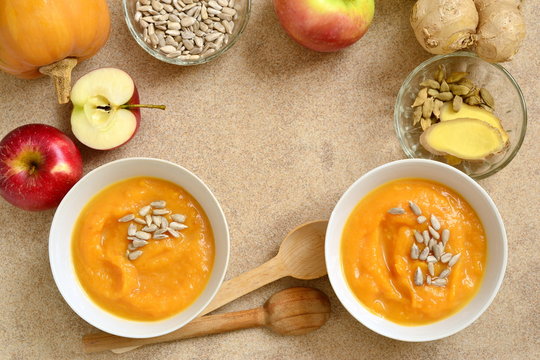 Roasted Apple, Pumpkin, Ginger Soup With Cardamom, Sprinkled With Sunflower Seeds