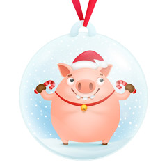 Glass snow ball decorative souvenir with pig cartoon character inside
