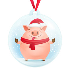 Glass snow ball decorative souvenir with pig cartoon character inside