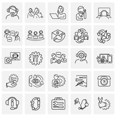 Call center help desk thin line set on squares background icons