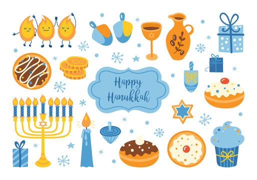 Jewish Holiday Hanukkah Element Set For Graphic And Web Design. Vector Illustration