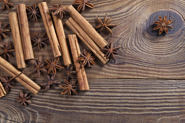 High angle view of cinnamons with anise