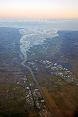 Aerial shot of the Dee estuary and the Wirral, England, UK, evening light.