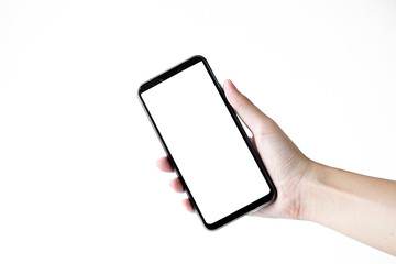 Mock up smartphone of hand holding black mobile phone with blank white screen