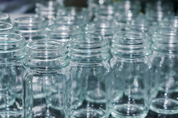 Close up view of empty glassware for research tests in chemical laboratory. Scientific research or technology background.