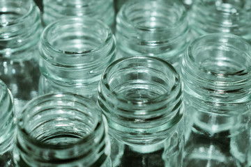Close up view of empty glassware for research tests in chemical laboratory. Scientific research or technology background.
