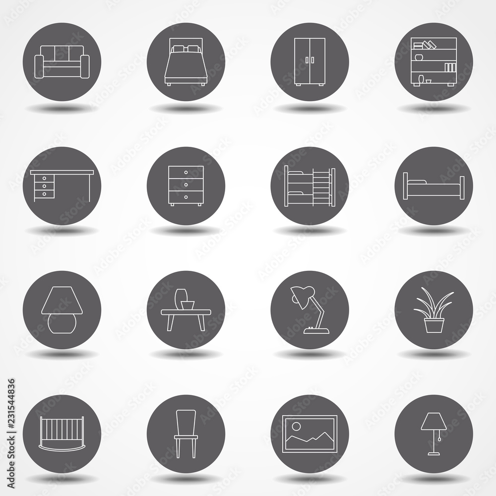 Poster furniture related vector icon set. well-crafted sign in thin line style with editable stroke. vector