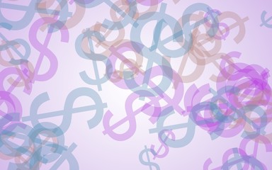 Multicolored translucent dollar signs on white background. Red tones. 3D illustration
