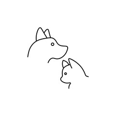 Cat with dog icon. Vector pets silhouettes in thin line style. Creative linear sign or logo for veterinary clinic