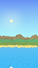 Sun Sea Beach. Noon. Ocean shore line with waves on a beach. Island beach paradise with waves. Vacation, summer, relaxation. Seascape, seashore. Minimalist landscape, primitivism. 3D illustration