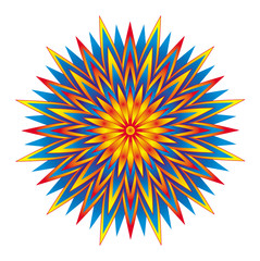 Geometric colorful mandala star. Circular ornament. Red, orange, yellow, blue colors. Vector picture.