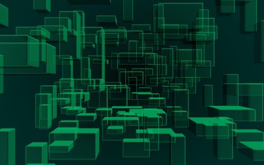 Green and dark abstract digital and technology background. The pattern with repeating rectangles. 3D illustration