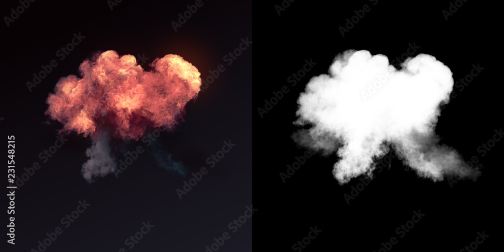 Poster large explosion with black smoke in dark plus alpha channel. 3d rendering