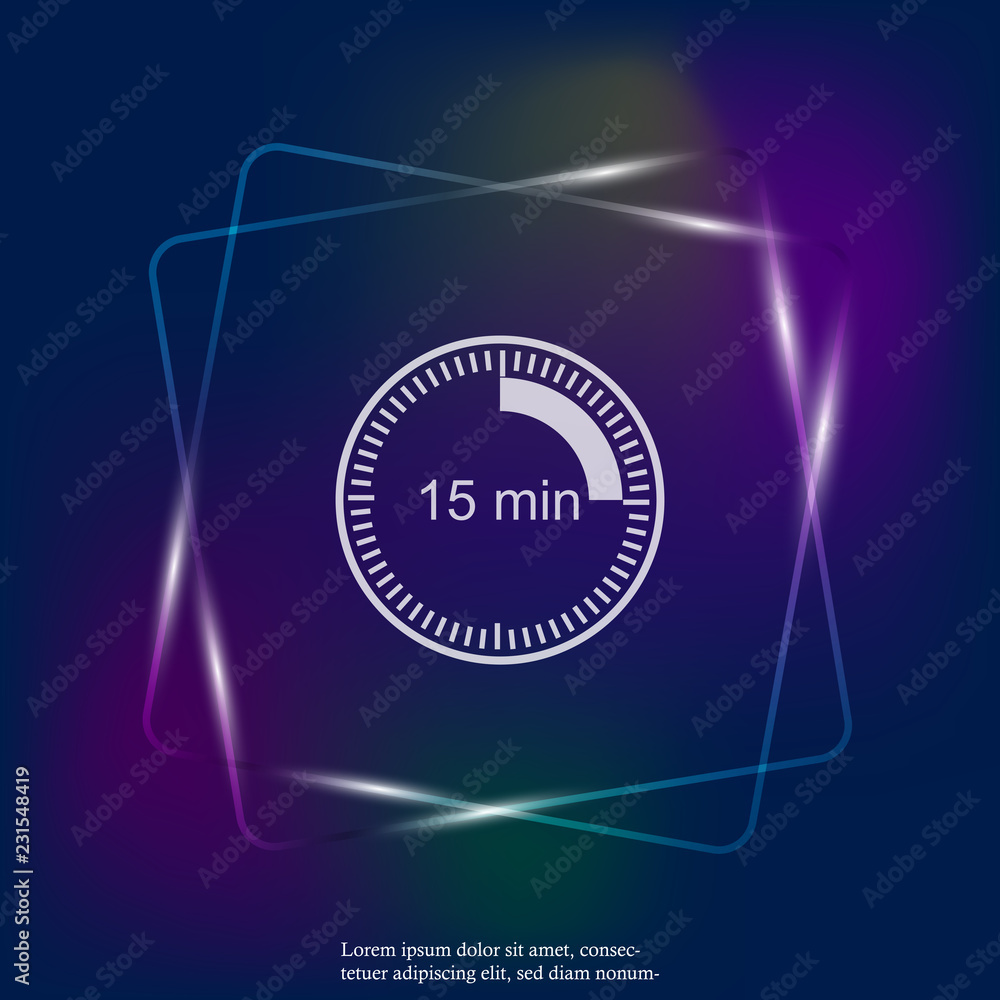 Poster clock neon light icon indicating the time interval of 15 minutes. fifteen minutes time on the clock.