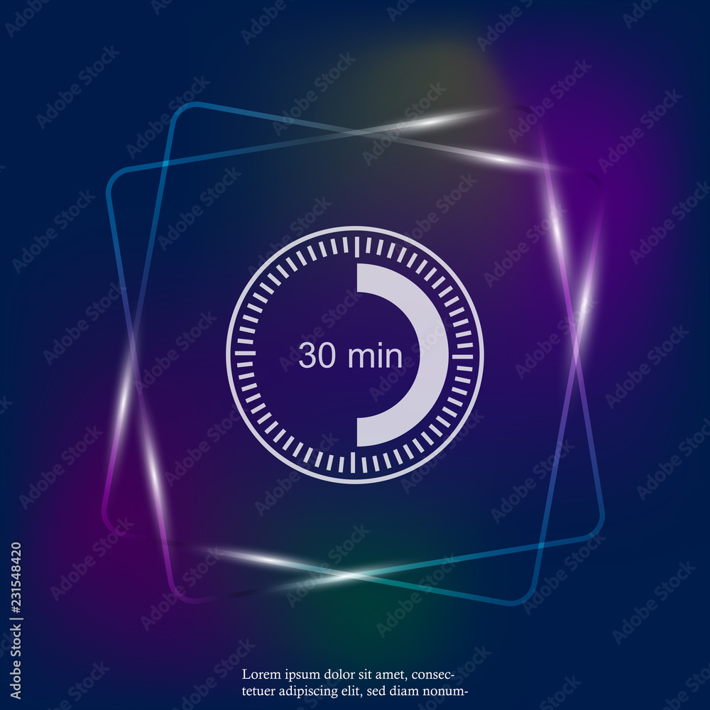 Poster clock neon light icon indicating a time interval of 30 minutes. thirty minutes on the clock. layers 
