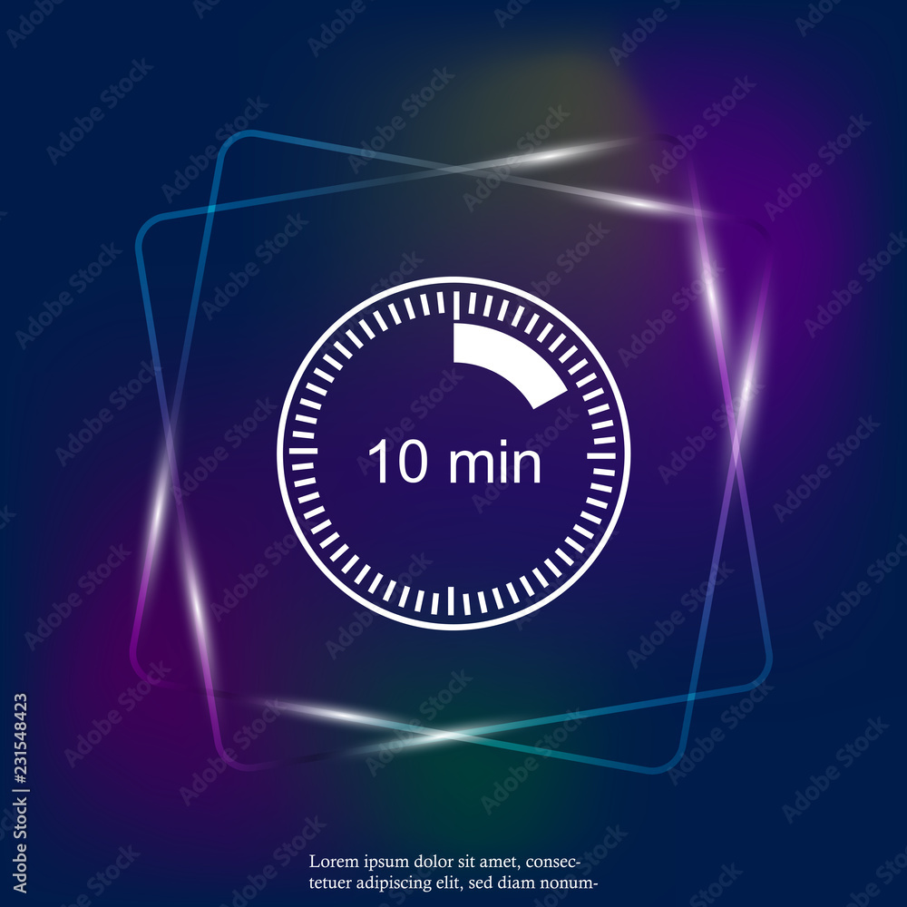 Poster clock neon light icon indicating the time span of 10 minutes. the time span is ten minutes on the cl