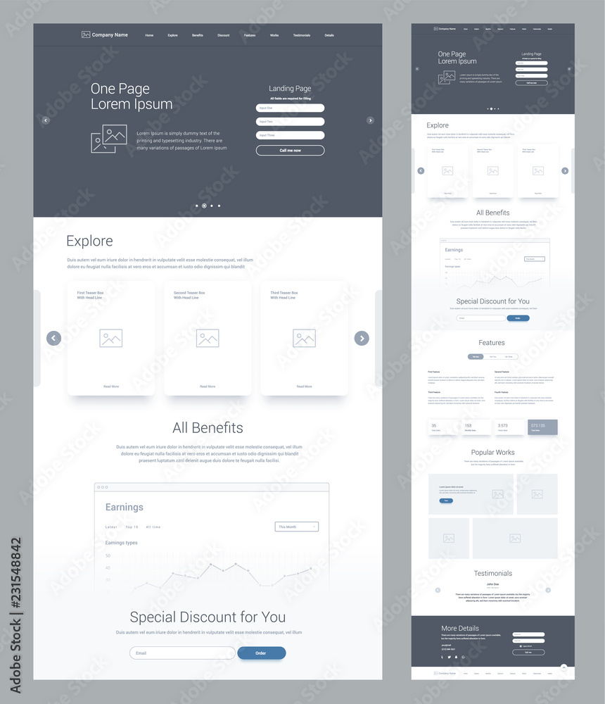 Poster one page website design template for business. landing page wireframe. flat modern responsive design
