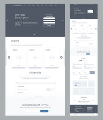 One page website design template for business. Landing page wireframe. Flat modern responsive design. Ux ui website: home, explore, benefits, earnings, discount, features, works, testimonials, details
