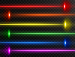 Laser beam set. Colorful rainbow laser beam collection isolated on transparent background. Neon lines. Glow party laser beams abstract effect. Bright futuristic design elements. Vector illustration - obrazy, fototapety, plakaty