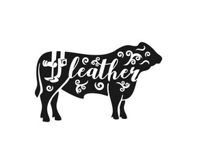 Bull, leather and leather sewing machine with sewing needle, logo design. Animal, animal husbandry, farming, farm, leather production and leather clothing, vector design and illustration