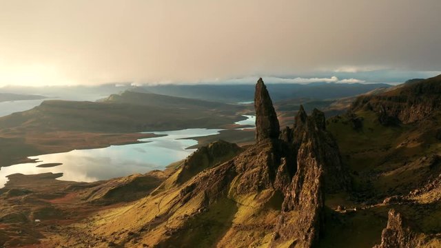 Establishing Skye Aerial Shot into clouds at dawn, Scotland, UK.
