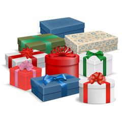 Vector image of realistic colorful, gift boxes with ribbons and bows on a white background.