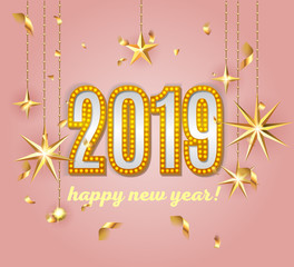 2019  happy new year lettering  luxury premium light bulb text template with golden Christmas stars and confetti in pink elegant background. Happy New Year card design. Vector illustration EPS 10