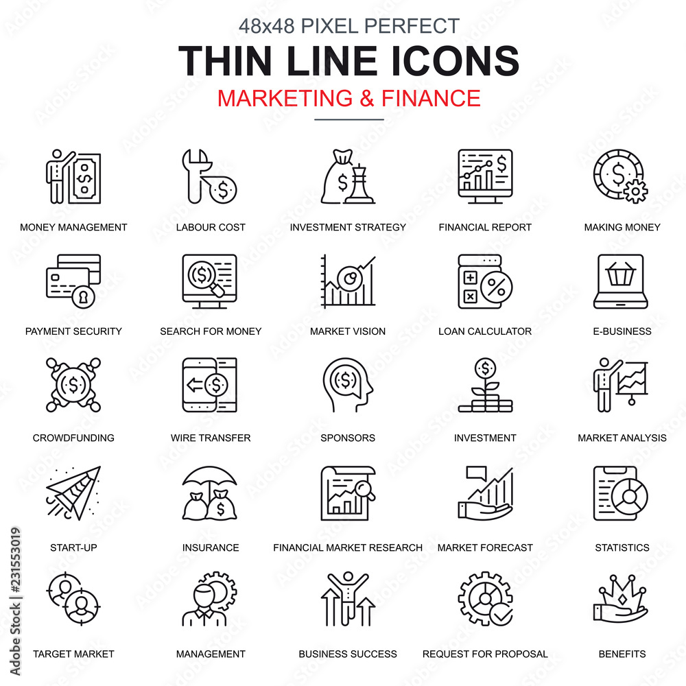 Poster thin line marketing and finance icons set for website and mobile site and apps. contains such icons 