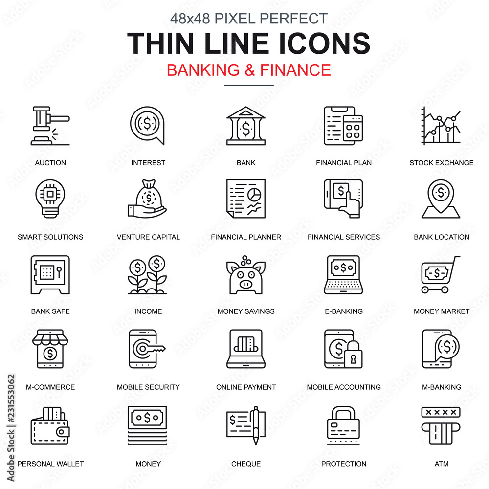 Poster thin line banking and finance icons set for website and mobile site and apps. contains such icons as
