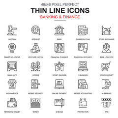 Thin line banking and finance icons set for website and mobile site and apps. Contains such Icons as Bank, Financial Plan, M-commerce. 48x48 Pixel Perfect. Linear pictogram pack. Vector illustration.