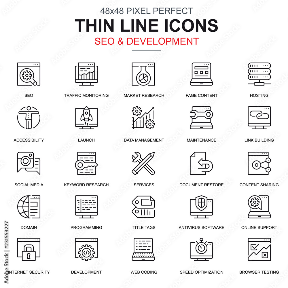 Poster thin line seo and development icons set for website and mobile site and apps. contains such icons as
