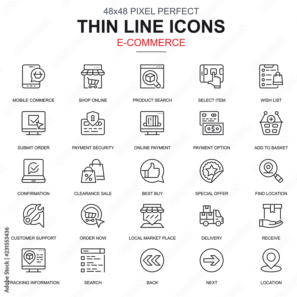 Poster Thin line online shopping and e-commerce icons set for website and mobile site and apps. Contains such Icons as Payment, Support. 48x48 Pixel Perfect. Linear pictogram pack. Vector illustration.