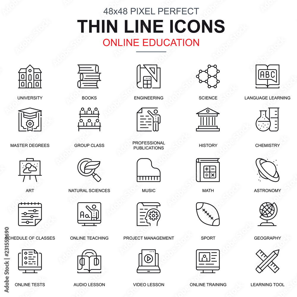 Leinwandbilder thin line online education, e-learning, e-book icons set for website and mobile site and apps. conta