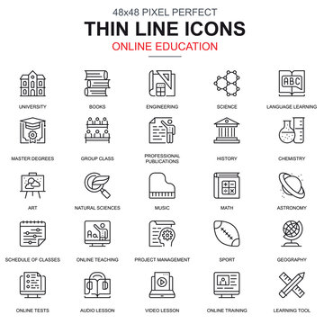 Thin line online education, e-learning, e-book icons set for website and mobile site and apps. Contains such Icons as Teaching, School. 48x48 Pixel Perfect. Linear pictogram pack. Vector illustration.