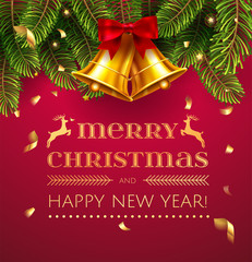 Fototapeta na wymiar Merry Christmas and Happy New Year greeting card with Chrirstmas decorations fir tree border, gold bell and confetti . Red and green and gold christmas classic colors Vector illustration. EPS 10
