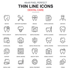 Thin line dental care, dentistry equipment icons set for website and mobile site and apps. Contains such Icons as Dentist, Braces. 48x48 Pixel Perfect. Linear pictogram pack. Vector illustration.