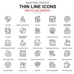 Thin line recycling, environmental protection, icons set for website and mobile site apps. Contains such Icons as Eco, Innovation. 48x48 Pixel Perfect. Linear pictogram pack. Vector illustration.