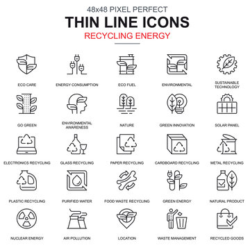 Thin line recycling, environmental protection, icons set for website and mobile site apps. Contains such Icons as Eco, Innovation. 48x48 Pixel Perfect. Linear pictogram pack. Vector illustration.