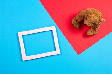 Teddy bear and white empty frame on colorful background